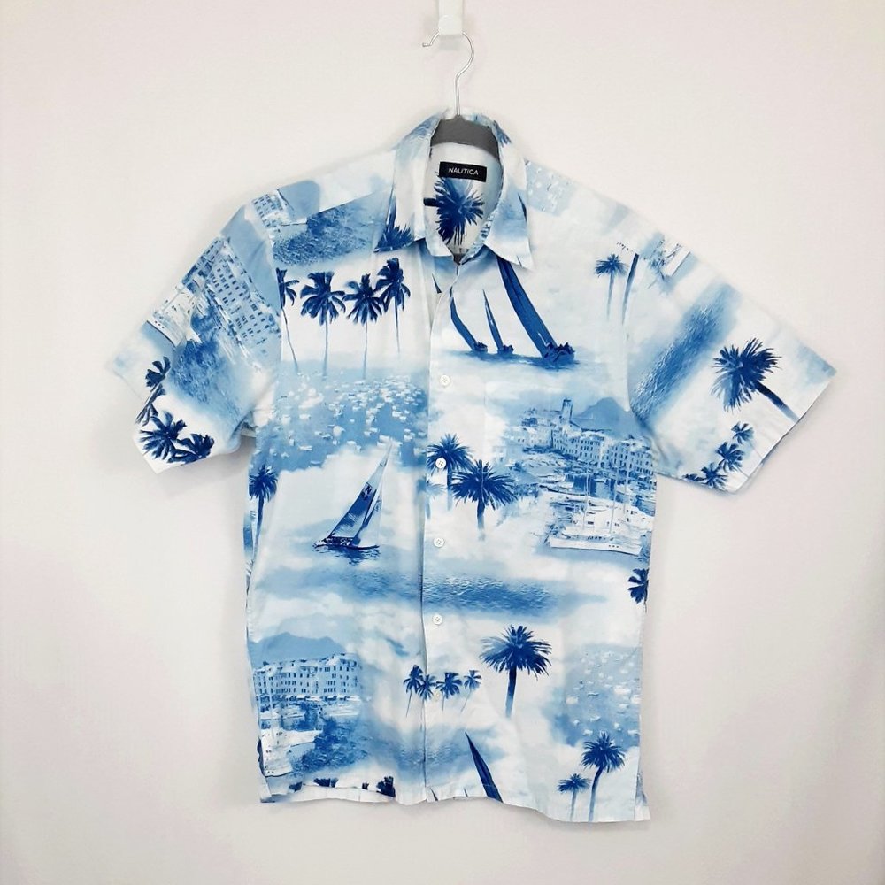 Nautica Men's Short Sleeve Shirt Button Up Blue and White Size S 100% Cotton